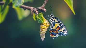Colorful butterfly emerging from a chrysalis on a branch. photo