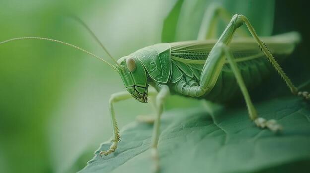 A grasshopper is sitting on a green leaf photo
