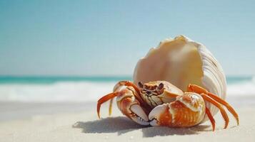 Close-up of a crab resting in a seashell on a sandy beach. photo