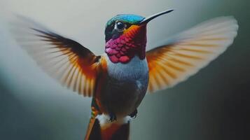 Vibrant hummingbird in mid-flight, showcasing colorful plumage. photo