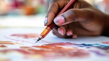 Close-up of a hand holding a pen and drawing. photo