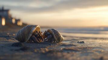 Two hermit crabs on a sandy beach at sunset. photo