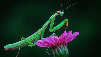 Close-up of a vibrant green mantis on a pink flower. photo