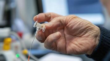 Close-up view of a medical device held by a hand. photo