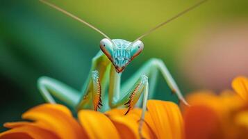 A praying mantisce is sitting on top of an orange flower photo
