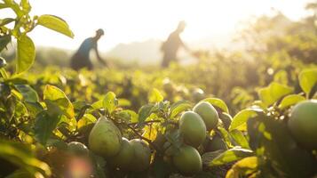 Lush green fruit plants with indistinct figures in a field at dawn. photo