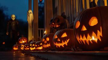 Halloween porch display with carved pumpkins and figures. photo