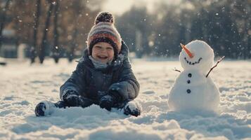 Smiling child sits in snow beside a snowman on a bright winter day. photo