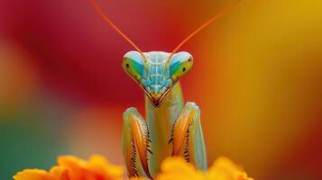Close-up portrait of a vibrant praying mantis. photo