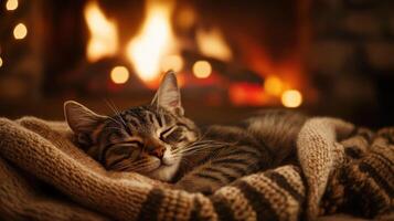 Cozy feline resting by a warm fireplace. photo