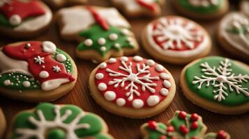 Festive holiday cookies adorned with icing decorations. photo
