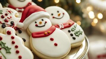 Festive Christmas cookies decorated with icing and festive shapes. photo