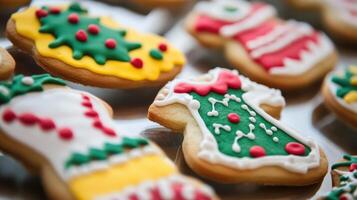Christmas cookies are decorated with frosting and decorated with christmas trees photo