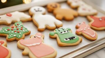 Festive iced cookies arranged on a tray. photo