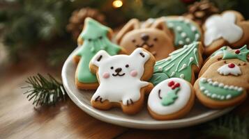Festive Christmas cookies in a variety of shapes and colors. photo