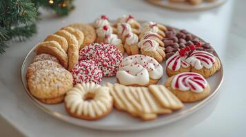 Festive assortment of decorated cookies on a platter. photo