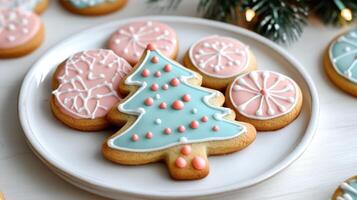Festive iced cookies on a plate, beautifully arranged. photo