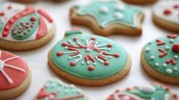 Christmas cookies are decorated with green and red icing photo