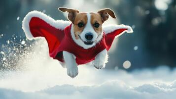 Joyful, airborne dog in a festive red cape, leaping through snow. photo