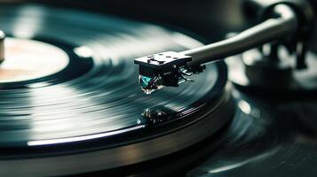Close-up view of a vintage record player in action. photo