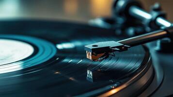 Close-up view of a vinyl record player needle on a spinning disc. photo