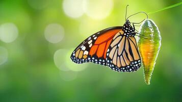 Emerging monarch butterfly with its chrysalis. photo