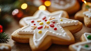 Festive star-shaped gingerbread cookies with icing details. photo