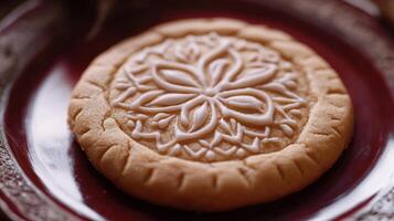 Detailed round cookie with intricate icing design. photo
