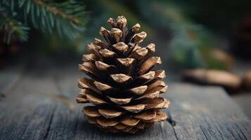 Close-up view of a pine cone on a rustic wooden surface. photo