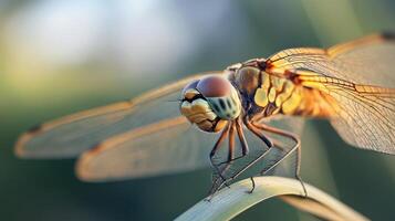 Close-up view of a dragonfly resting on a blade of grass. photo