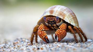 Close-up view of a hermit crab in its shell on the beach. photo