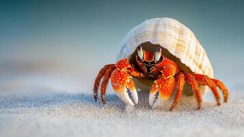 Close-up of a hermit crab in a seashell on sand. photo