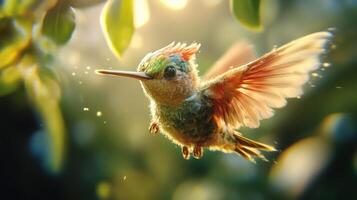 Colorful hummingbird in flight, bathed in sunlight. photo