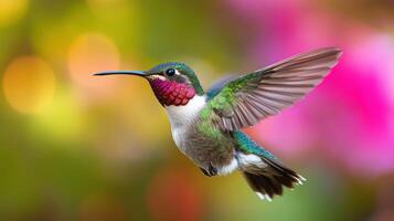 Colorful hummingbird in flight against a blurred background of flowers. photo