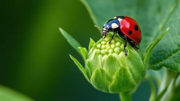 Close-up view of a ladybug on a vibrant green flower bud. photo