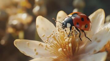 Close-up view of a ladybug on a cream-colored flower. photo