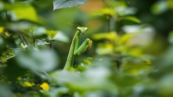 Close-up view of a vibrant green praying mantis camouflaged in foliage. photo