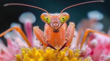 A praying mantisce with large eyes and a large head photo