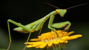 Close-up of a vibrant green praying mantis on a yellow flower. photo