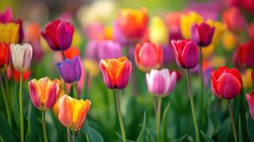Vibrant display of colorful tulips in a spring garden. photo