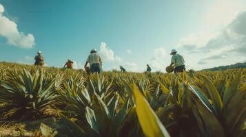 A group of workers harvesting in a vibrant agave field. photo