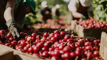 Workers harvesting fresh cherries into wooden crates. photo