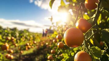 Ripe oranges hanging from trees in a sunny orchard. photo