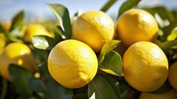 Close-up view of fresh yellow lemons on a branch. photo