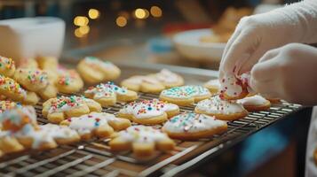 Festive cookies being decorated on a cooling rack. photo