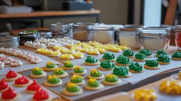 Colorful decorated cookies arranged on a table. photo