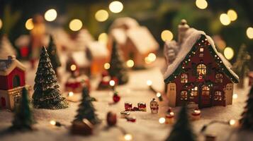 Winter village scene with tiny houses and trees. photo