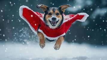 Joyful dog leaping in snowy air, festive attire. photo