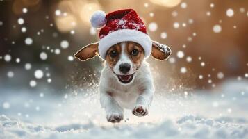 Festive puppy in a santa hat, running through winter snow. photo