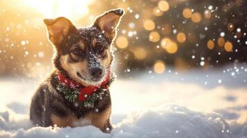 Winter's embrace of a charming dog in snowy scene. photo